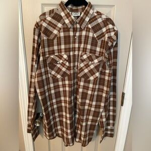 Western Frontier vintage brown plaid pearl snap long sleeve western shirt LT.